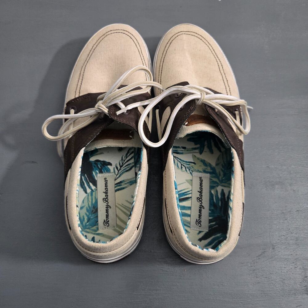 Tommy Bahama Boat Shoes Mens 11.5 Tan Canvas Leather Lace Up Casual Comfort